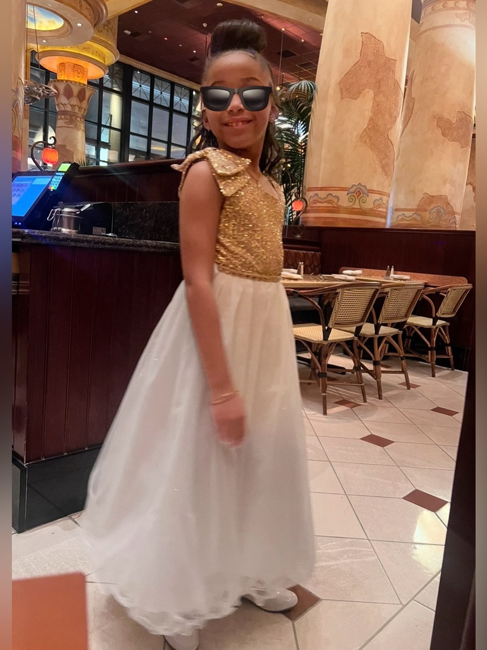 Rare Editions Gold Sequin Bodice White Tulle Gown
